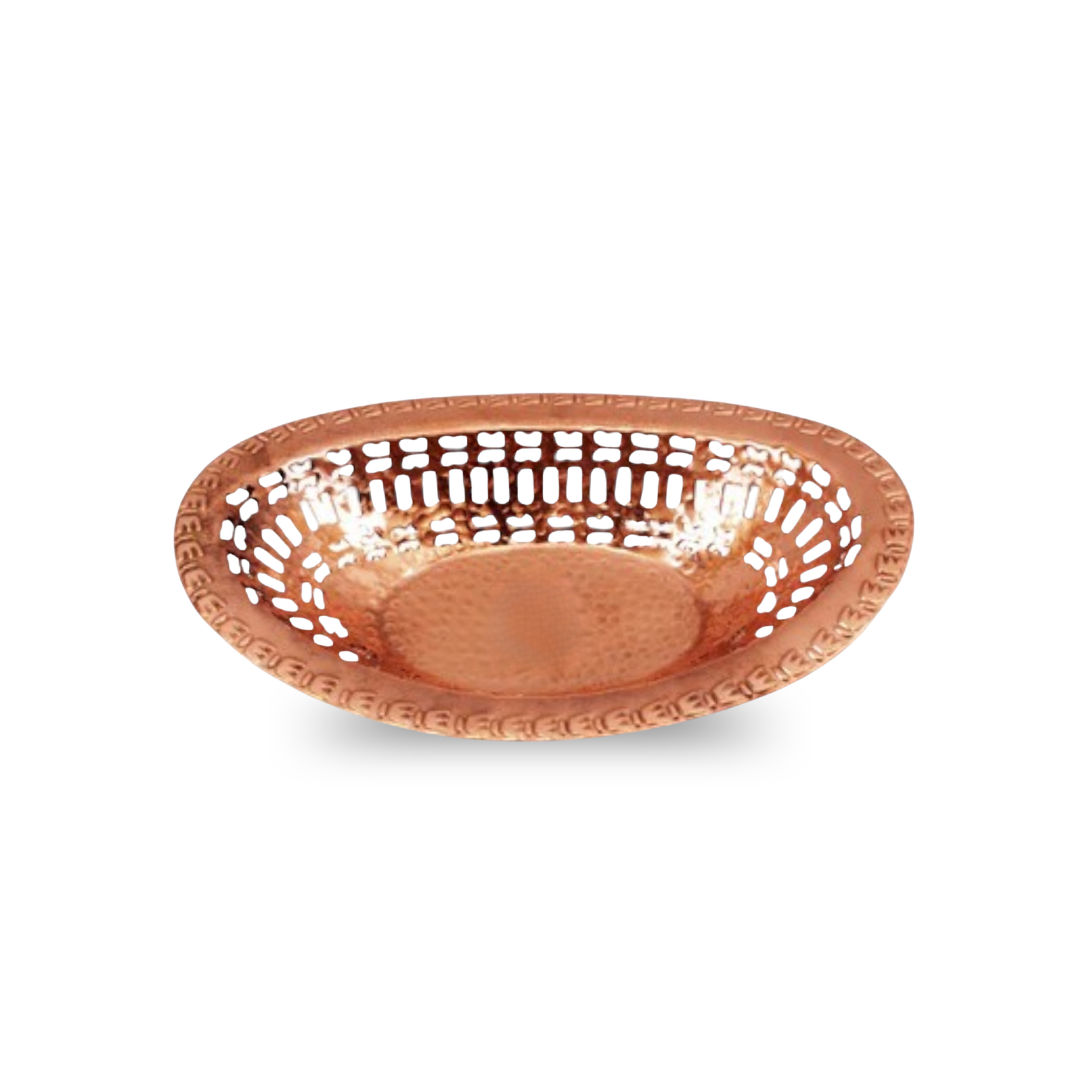 Copper hammered design oval bread serving basket, large